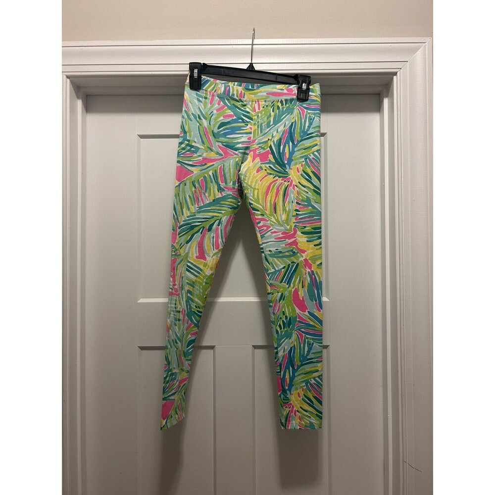 Lilly Pulitzer Girls Maia Leggings Size XL (12/14) Pink Green Palm Leaf Floral
